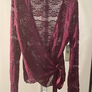 Purple Lace Cross Tie Covering Top, Long Sleeves